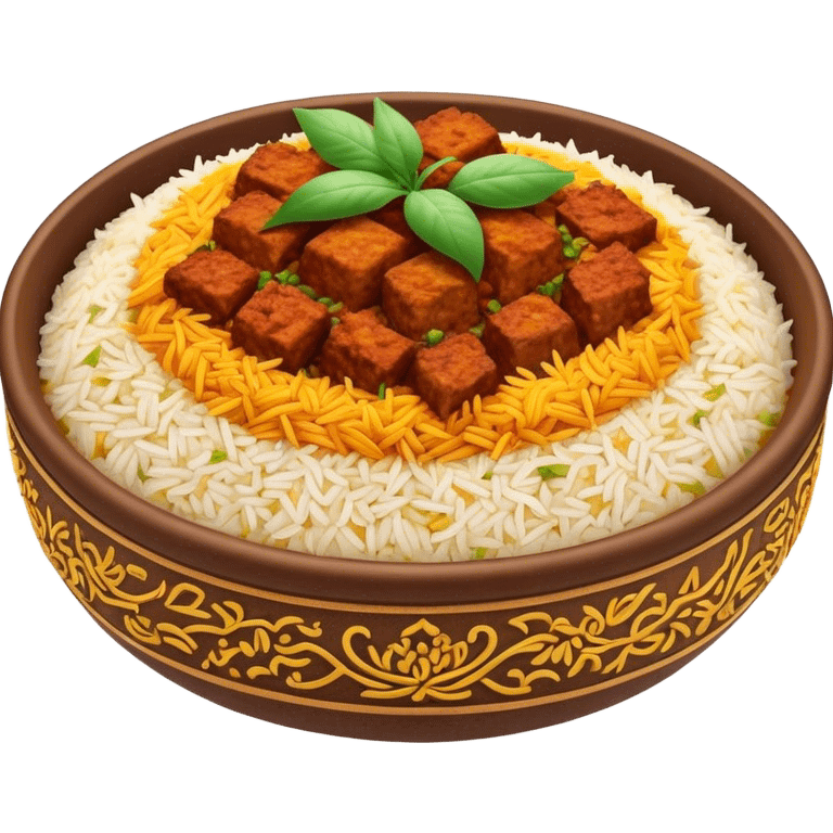 Cinematic Realistic Biryani Dish Emoji, depicted as aromatic basmati rice layered with spiced meat and herbs rendered with vibrant textures and warm, inviting lighting. emoji