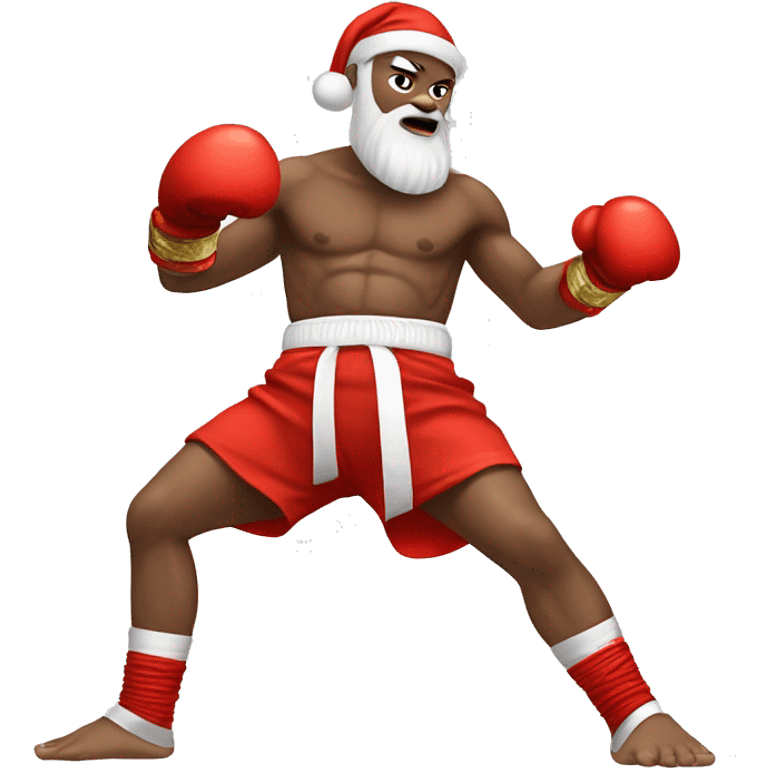 Santa dressed as a Muay Thai fighter doing a knee strike with white skin emoji