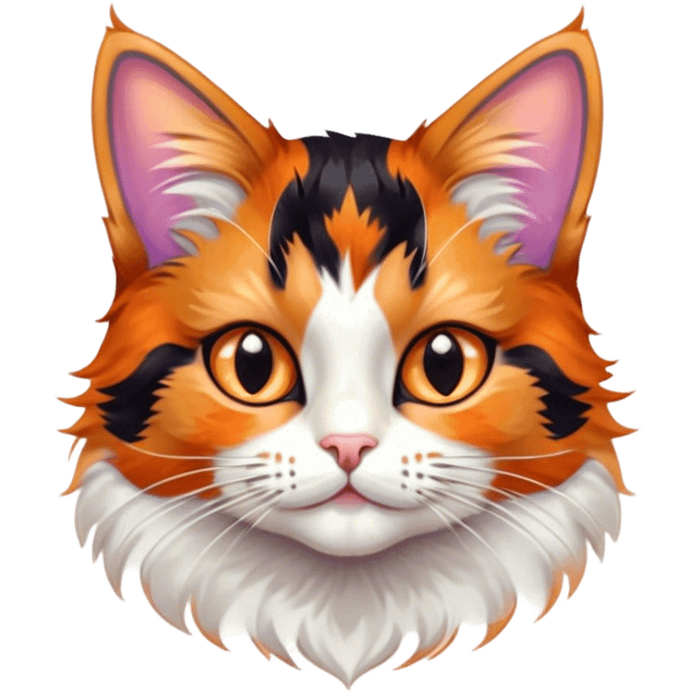 Cinematic Cute Calico Cat Portrait Emoji, Head tilted playfully with sparkling, inquisitive eyes and a charming patchwork fur of orange, black, and white, simplified yet irresistibly adorable, highly detailed, glowing with a warm, inviting glow, high shine, bubbly and affectionate, styled with a touch of whimsical feline charm, soft glowing outline, capturing the essence of a delightfully cute calico cat that looks as if it could prance off the screen into your heart! emoji