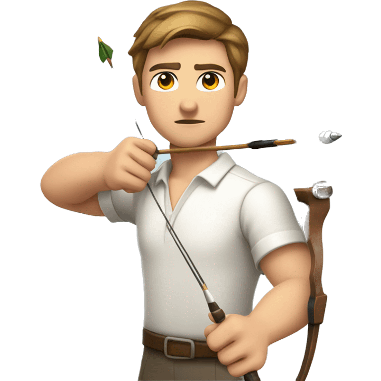 a male archer aiming with a bow facing  his target, eyes closed, wearing a white shirt, very short brown hair, bright skin emoji