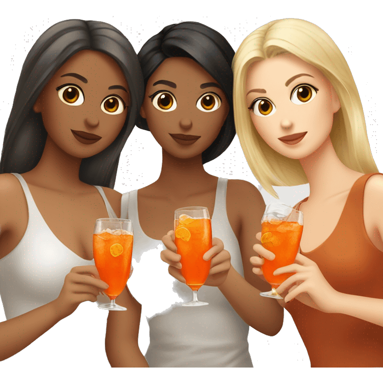 Three beautiful girls (brown, blond and black Hair) drinking aperol   emoji