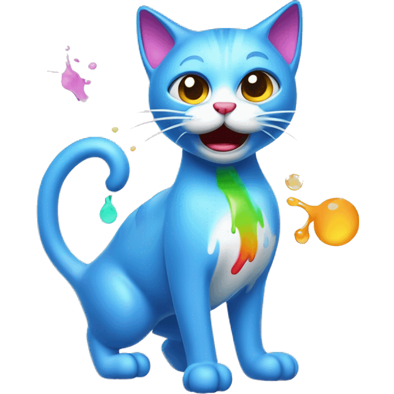 A cute cat character looking unwell, with a colorful stream of liquid coming from its mouth, depicted in a cartoonish and playful style emoji