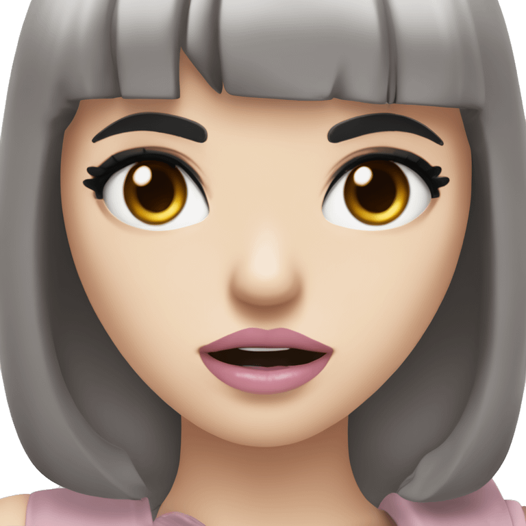 pale skinned girl with brown eyes and black long hair with bangs and black smokey eyeliner with ligjt pink lips holding a fist up to the camera with an angry face emoji