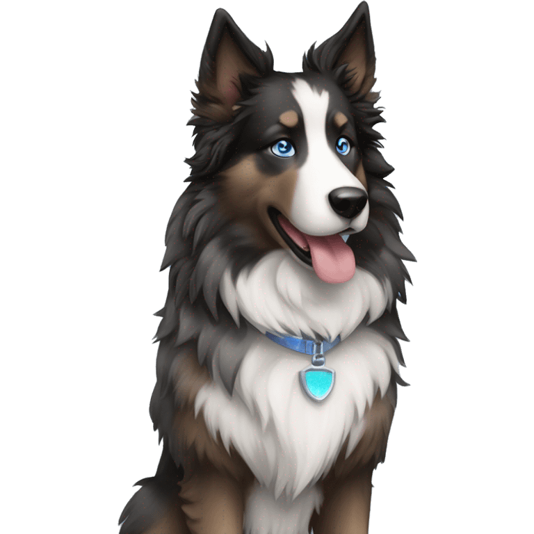  Black spotted brindle fluffy collie husky blue eyes fluffy ears and holographic harness running emoji