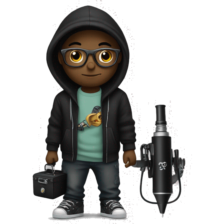 black cap, black hoodie and glasses boy  holding an tattoo machine emoji