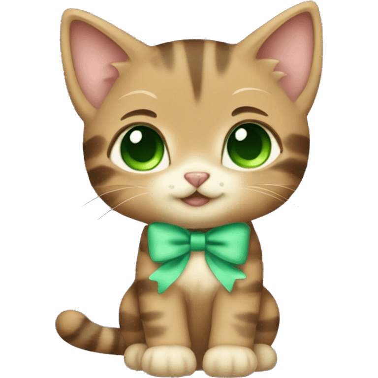 extremely cute kawaii brown tabby kitten with green eyes and pastel green bow full body emoji