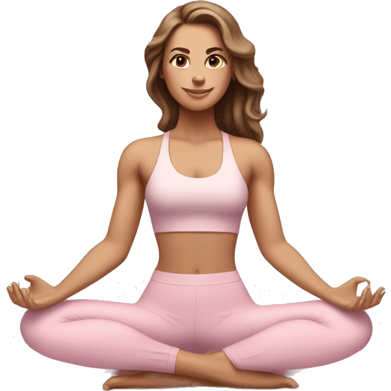 White girl with brown hair in light pink workout set on yoga mat emoji