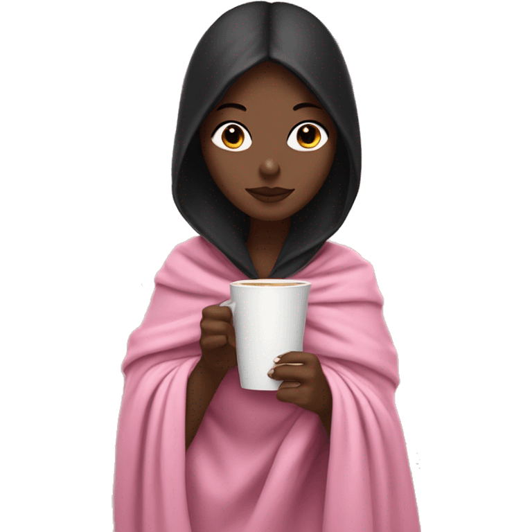 white girl with black hair wrapped in a pink blanket sipping coffee emoji