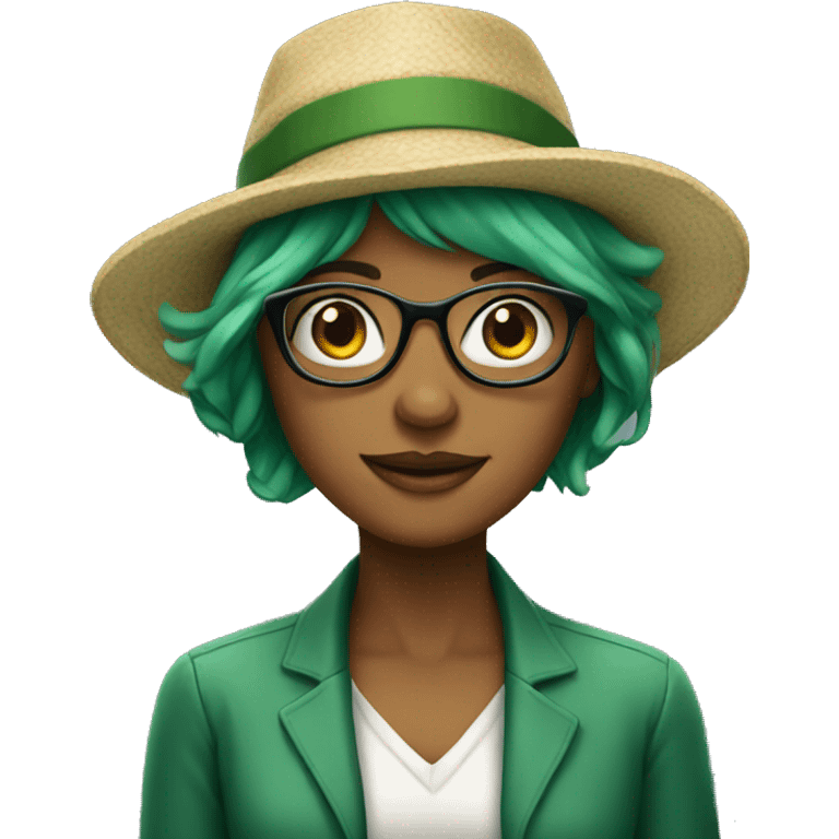 Woman with glasses, green hair and a hat emoji