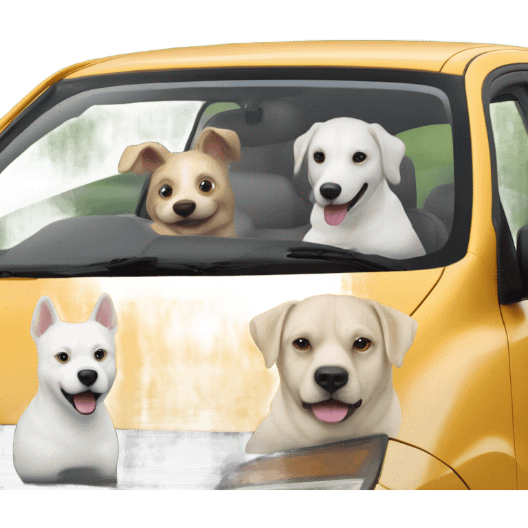 6 dogs in a Prius sticking their heads out of the window with a bald man in his 50’s who likes adventure driving the car emoji