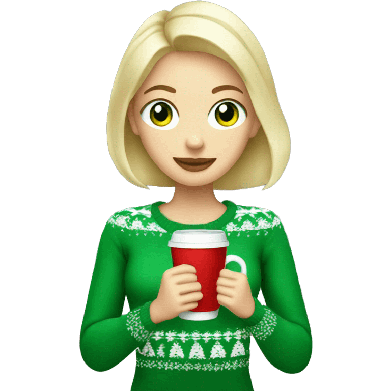 Short haired blonde girl with green eyes drinking coffee wearing Christmas sweater emoji