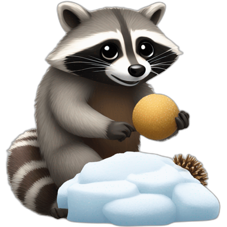 raccoon making snowballs with hedgehog eating meat on it  emoji