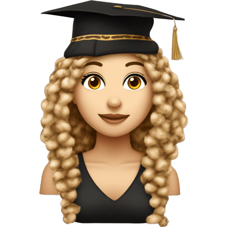 Ragazza con capelli ricci castano chiaro, occhi castani, vestita elegante con questo cappello 🎓, ed un leopardo vicino emoji