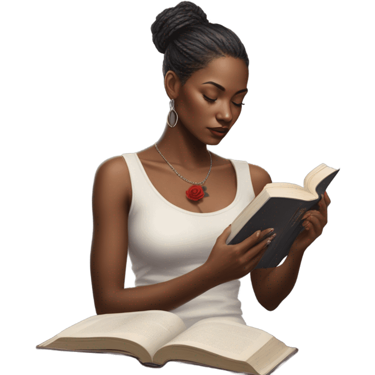 Hyper Realistic beautiful woman model with a small rose tattoo reading a book  emoji