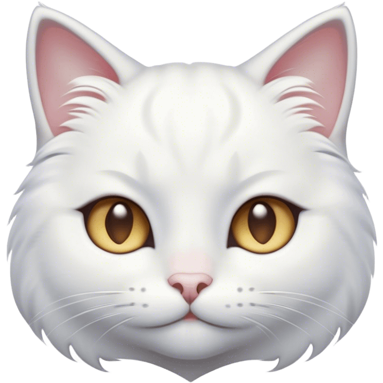 Cinematic Cute White Cat Portrait Emoji, Head tilted with a soft, gentle smile and sparkling eyes, featuring a silky, pristine white fur with subtle silver highlights, simplified yet irresistibly adorable, highly detailed, glowing with a warm, snowy glow, high shine, radiating affectionate charm and tender grace, styled with a light, playful outline, capturing the essence of a cute white cat that looks as if it could melt your heart with a single blink! emoji