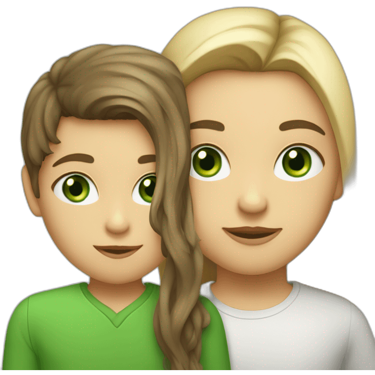 a blond boy with green eyes kisses a brunette girl with long straight hair and  green eyes on the cheek emoji