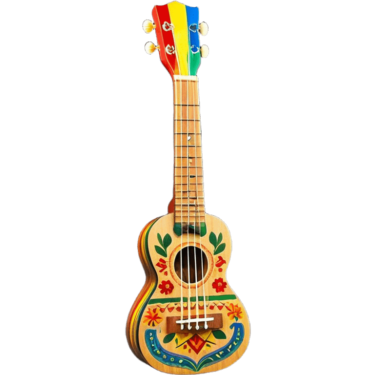 Create a vibrant and artistic emoji representing a ukulele with a Mexican design. The ukulele should feature a bright, colorful body with traditional Mexican patterns, such as geometric shapes, floral motifs, or colorful stripes. Use rich, warm tones like red, yellow, green, and blue to give the instrument a lively, festive look. Highlight the wood grain of the ukulele’s neck and fingerboard, and add subtle details like decorative inlays or a small Mexican flag symbol on the body. The strings should be clearly visible, and the instrument should be in a slightly angled position to showcase its unique design. The background should be transparent. emoji