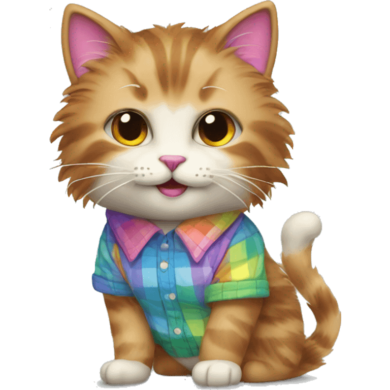 fluffy cat with colorful rainbow fur in a checkered shirt emoji