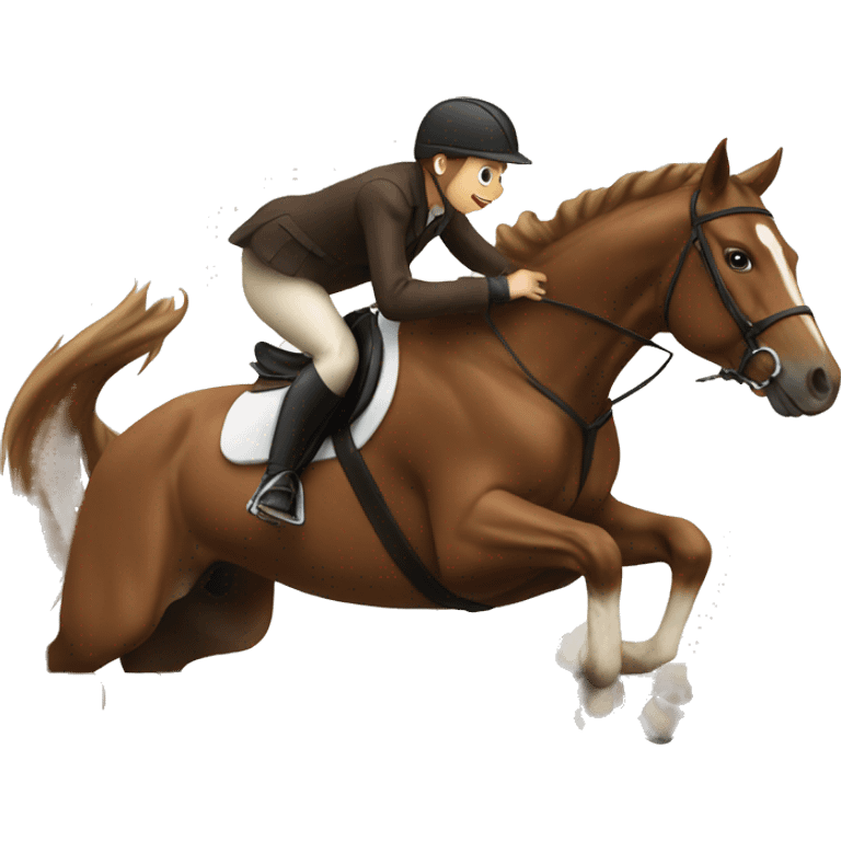 Brown horse jumping over jump with rider emoji