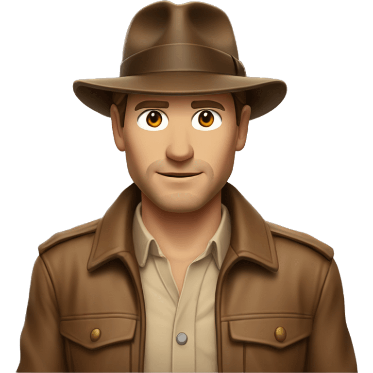 White skin Indiana Jones with a brown jacket and a brown hat, brown hair, beige shirt emoji