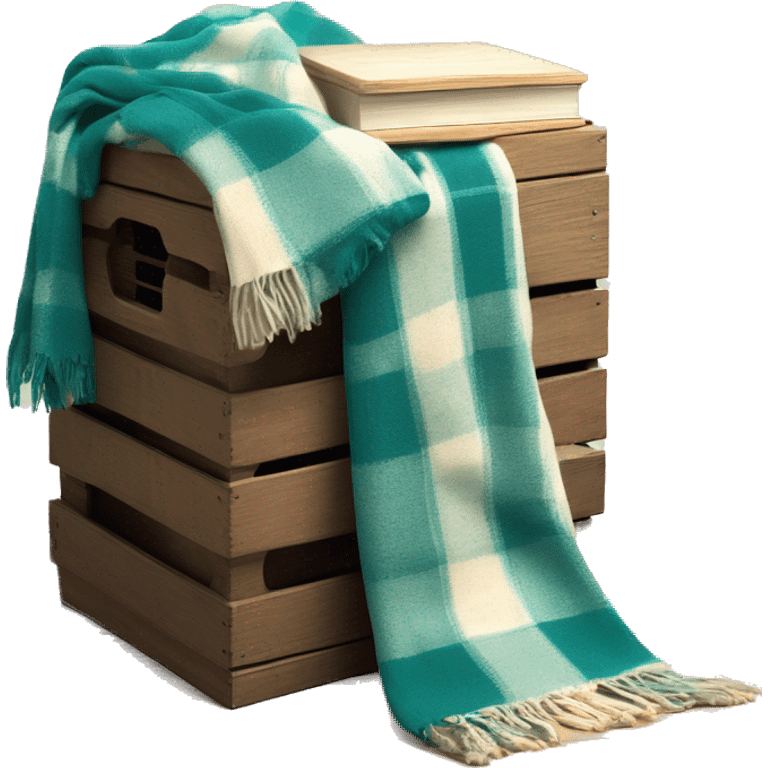 Realistic isolated teal and cream color plaid blanket draped across wooden crate box with matching book beside it emoji