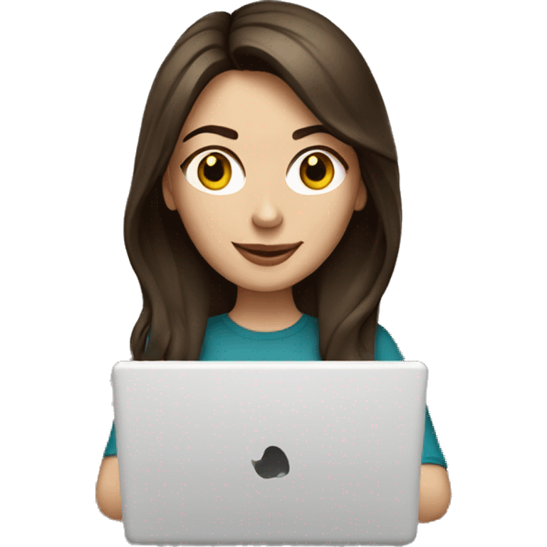 White brunette girl with laptop and coffee emoji