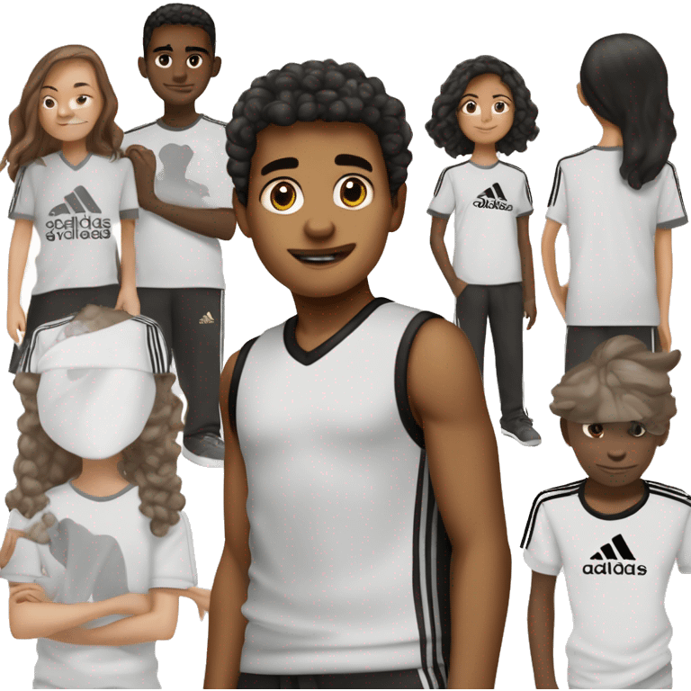 menino com  9 anos camiseta da adidas preta e branca cabelo marrom e fone de ouvido preto cabelo liso emoji