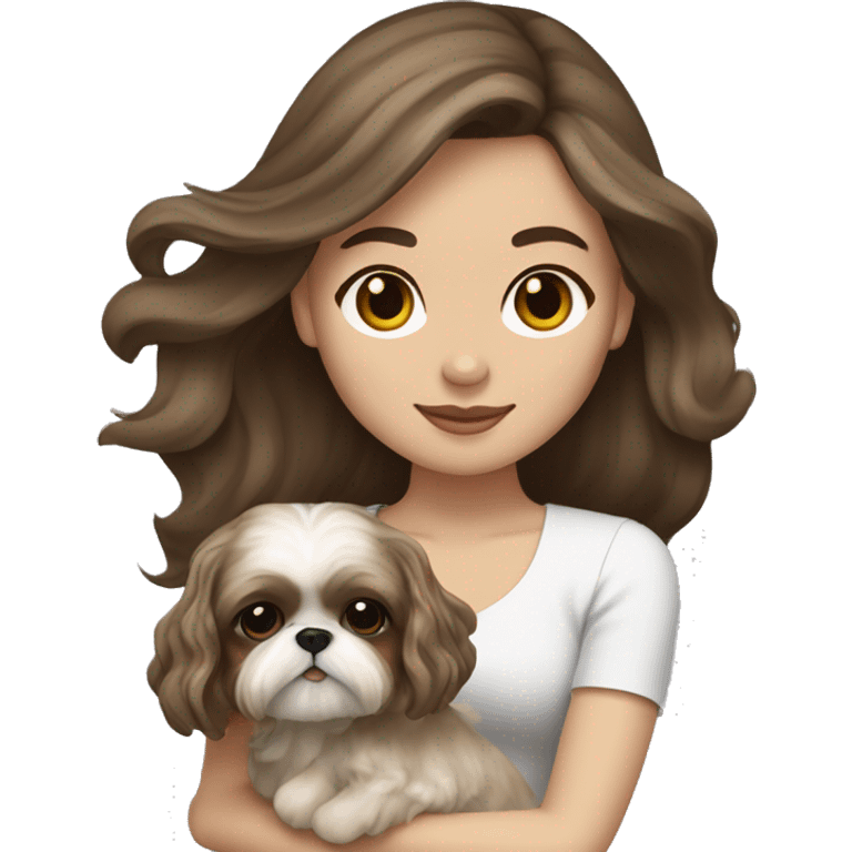 Young brunette hair woman with a cream shih tzu in her arms long wavy hair emoji