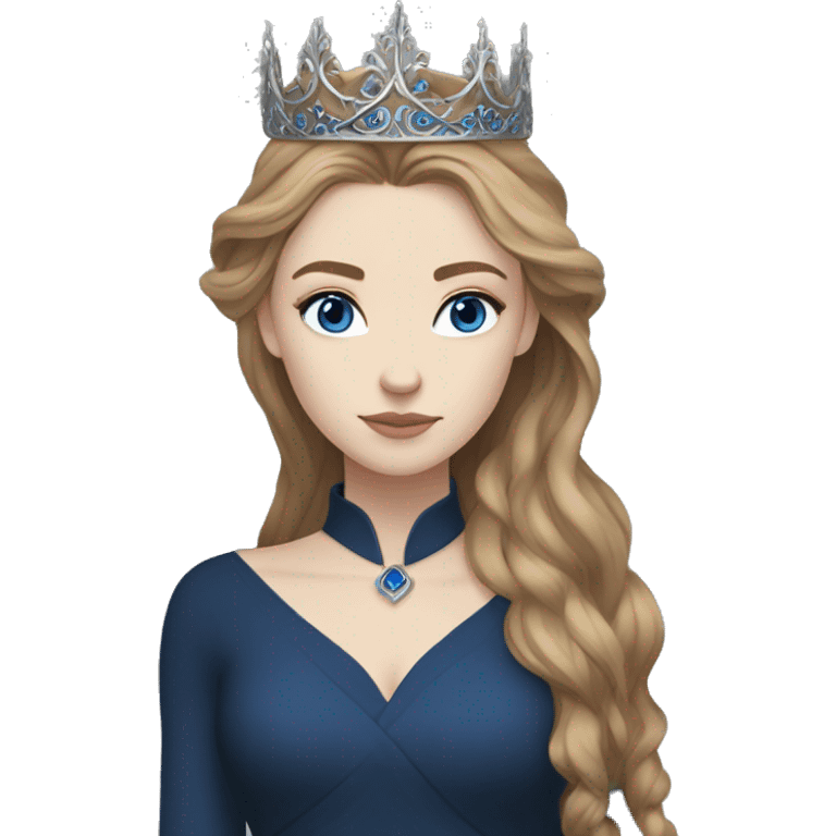 Feyre has pale skin, golden-brown hair and blue-grey eyes. She has a dark blue dress on with a silver crown emoji