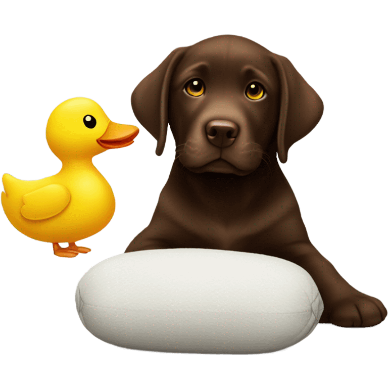 Chocolate lab puppy with big yellow duck plush toy emoji