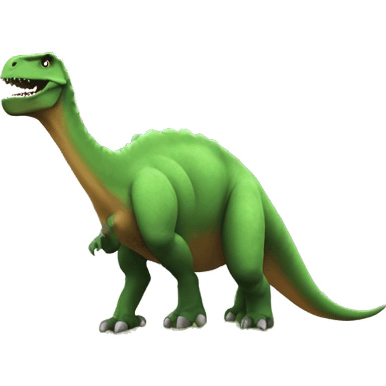 A dinosaur whose background is a colored cloud and there is grass on the ground and a mountain behind it emoji