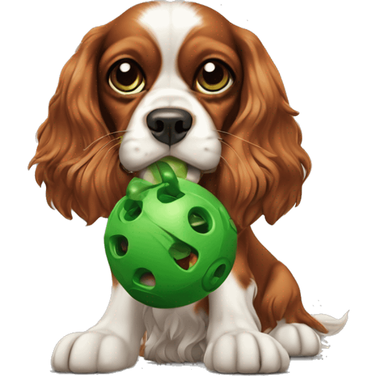 King cavalier charles spaniel with green toy "cog" in mouth   emoji