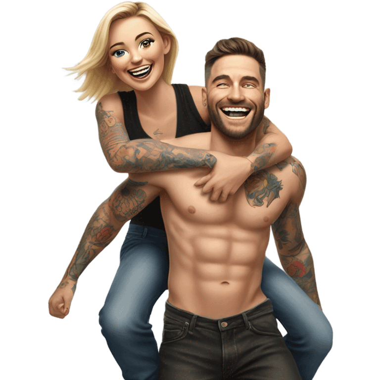 Hyper Realistic beautiful woman getting a piggy back off a handsome tattooed man laughing  emoji