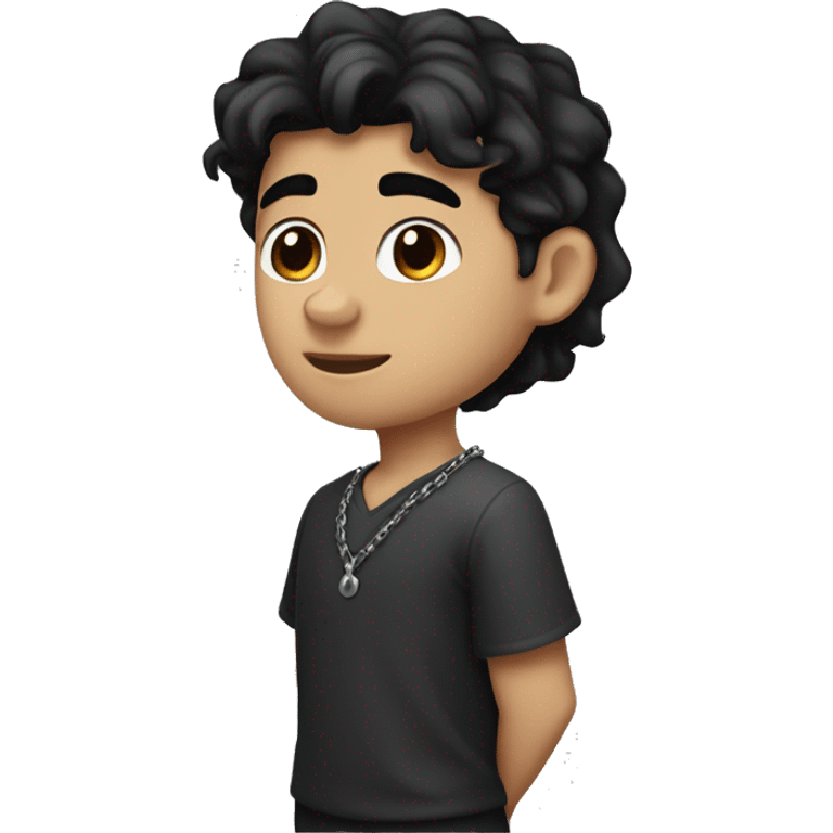 A boy with a wolf's tail, dark black hair, white skin, brown eyes and somewhat sharp eyes, with an earring in his left ear and a chain around his neck. emoji