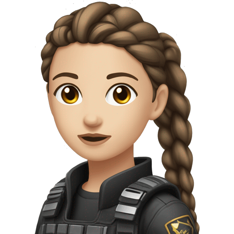 A young woman with a petite and slender build, pale, hazel eyes, and long brown hair that has a silver strand, pulled back into a braid. She’s wearing black tactical battle gear. emoji