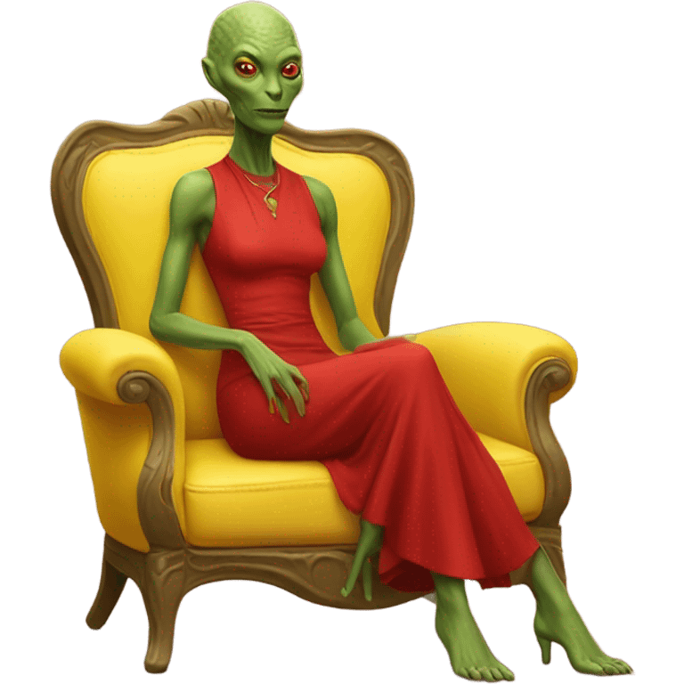 reptilian alien woman in red dress, sitting on a jellow couch  emoji