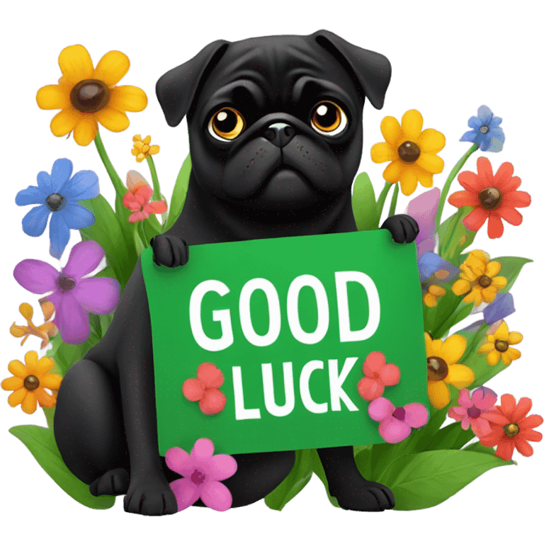 Black pug , surrounded by flowers, holding a green sign that says “good luck”  emoji