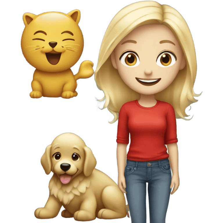 blonde girl smiling in red with a cute animal emoji