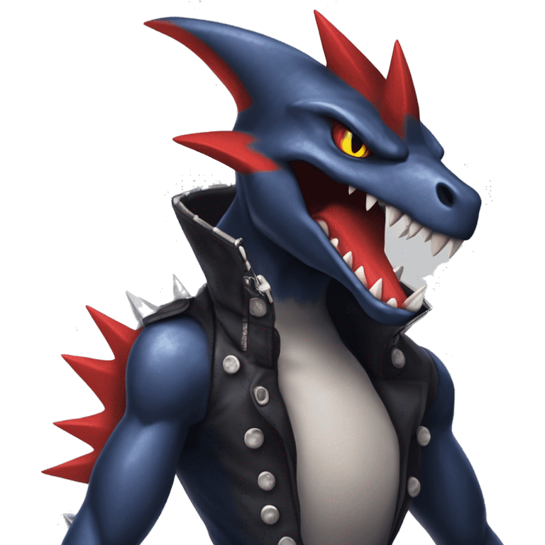 Black, Modern, Cool, Edgy, Badass Punk-style Garchomp-Charmeleon-Sergal Fakémon-Digimon with sharp edgy striking detailed stripe-markings,  full body emoji