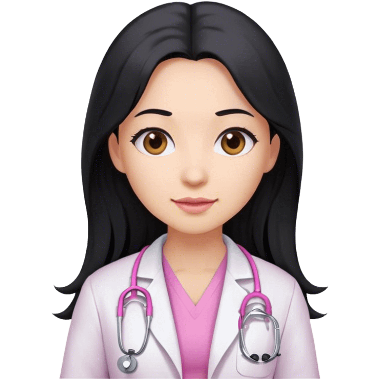 Long black hair female doctor in pink undershirt white coat over pink stethoscope  emoji