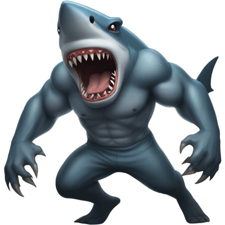 Half shark half human eating a demon emoji