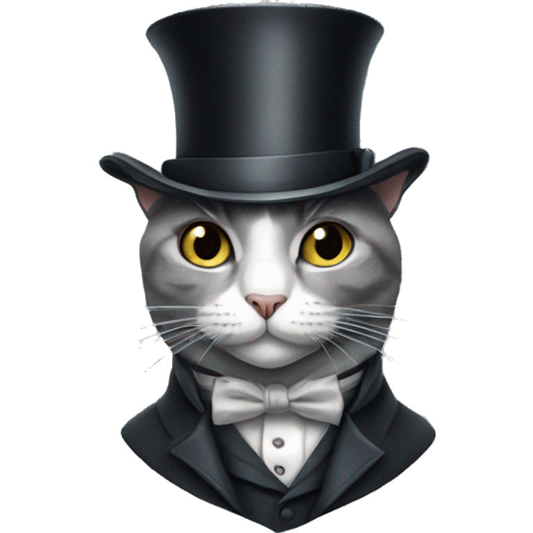 A grey cat in a top hat with a monocle "oh, you are from England"   emoji