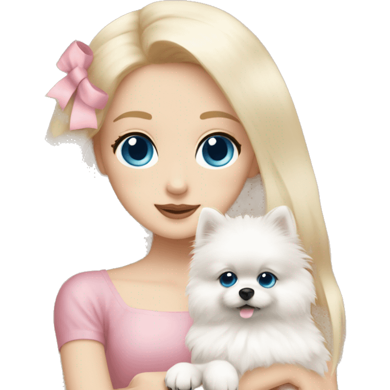 Blond girl white skin blue eyes hugging white Pomeranian with light pink bow emoji