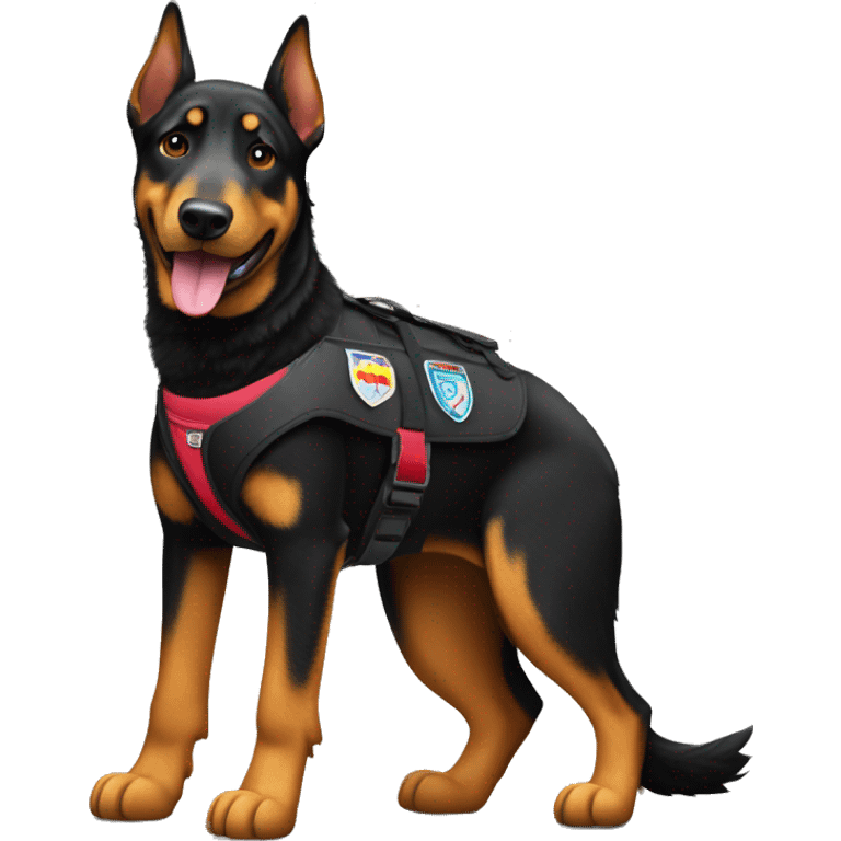 Beauceron dog with pointed ears full body wearing service dog vest  emoji