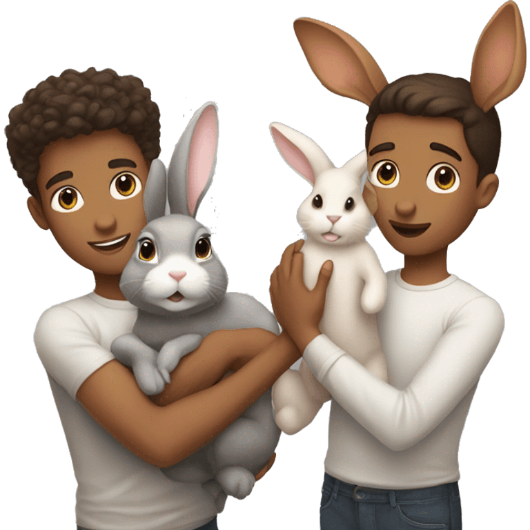 brunette young man holding a ginger bunny and a gray bunny emoji