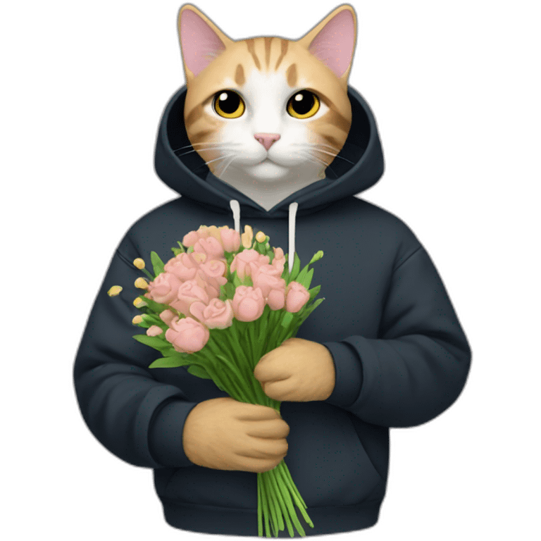 Cat in blach sweatshirt adidas holding bouquet of flowers emoji