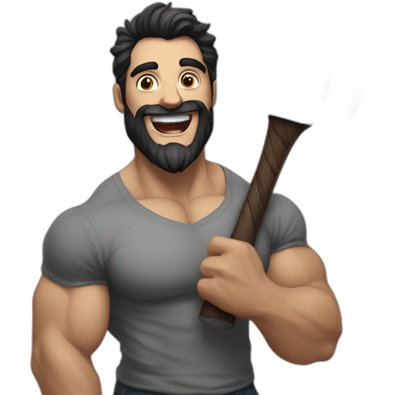 A stern bearded man, gray in his dark hair, . A bodybuilder, Holding an axe in his hands, Laughing loudly emoji