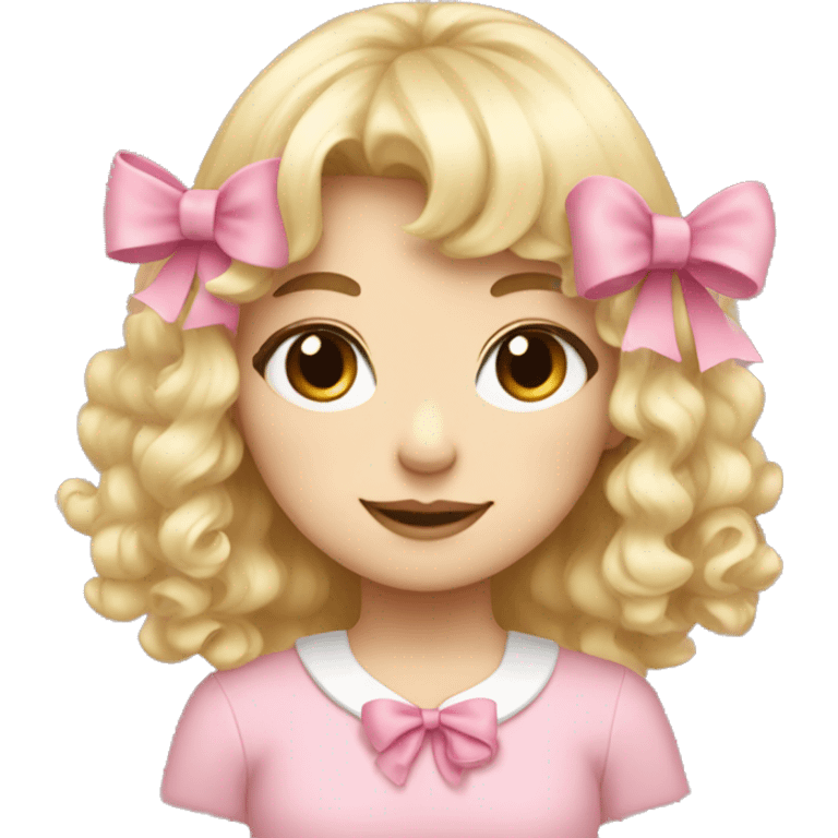 Blonde, pale girl with bangs and curly, long hair with pink bows  emoji