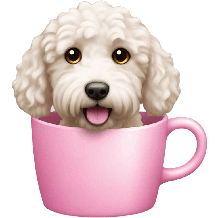 Pink cup with handle and white labradoodle  emoji