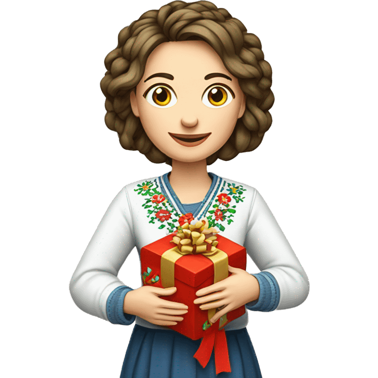 A female teacher in Ukrainian embroidery holds a gift in her hand emoji